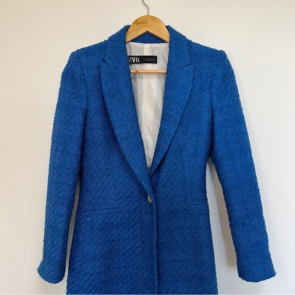Zara Longline Blue Blazer Tweed Size XS - Picture 4 of 7